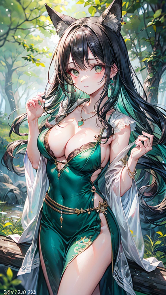 (Best quality, 8k, 32k, Masterpiece, UHD,:1.2),RAW, 1girl,ultra cute , natural lighting,transparent shining eyes, 20yo,medium breast ,fair complexion ,flushed face, Enchanting Forest Fox Sorceress,  Flowing Green Gown, Opt for flowing green gown reminiscent of lush forest where foxes roam, Choose dress with ethereal details such as sheer fabric, lace accents, or leaf motifs for mystical vibe, BREAK, Foxy Accessories, Incorporate fox-themed accessories such as delicate fox pendant necklace or fox-shaped earrings, These subtle touches add whimsy and tie costume to theme of cunning fox,