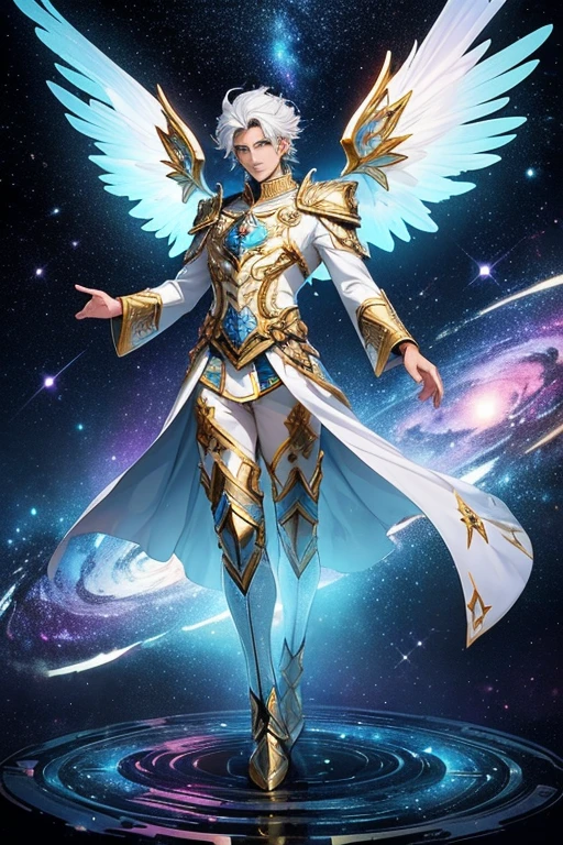 Create an image of a man with a majestic and divine appearance in a deep space setting. He must have an aura of celestial fantasy, symbolizing a god. Man must have large luminous wings, radiating golden or silver light, that contrast with the vastness of the cosmos around them. Ao fundo, there must be a dazzling star field, with colorful nebulae and distant galaxies, highlighting the grandeur of the universe. The figure of the man must emanate power and serenity, with a divine glow that softly illuminates the surrounding space