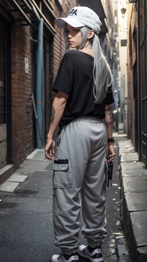 “Create a high-resolution image of a character with long silver hair wearing a cap. The character’s hair is tied and falling down from the back of the cap. They are dressed in an off-shoulder black shirt with the word ‘ROCK’ in white letters on the . The character has tattoos on their arm and is wearing loose-fitting gray cargo pants. They are also wearing headphones. The background is a dimly lit alleyway.”