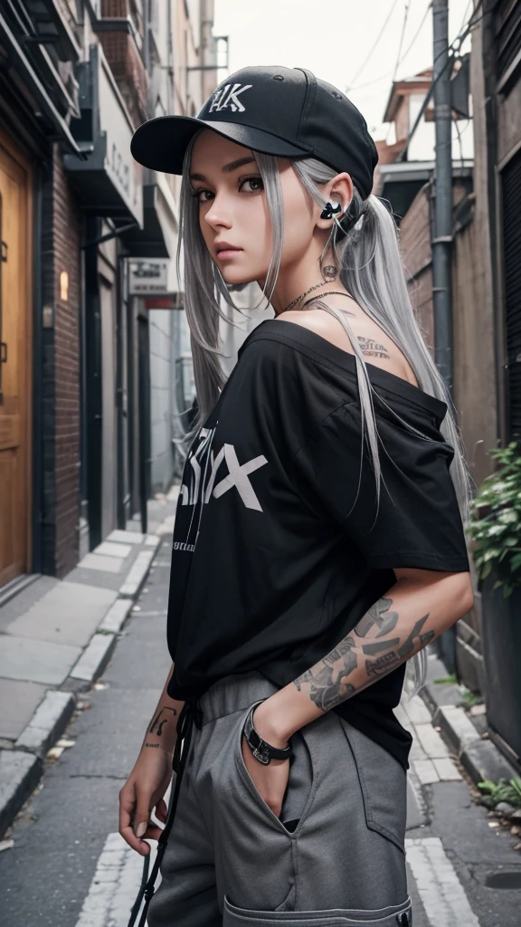 “Create a high-resolution image of a character with long silver hair wearing a cap. The character’s hair is tied and falling down from the back of the cap. They are dressed in an off-shoulder black shirt with the word ‘ROCK’ in white letters on the chest. The character has tattoos on their arm and is wearing loose-fitting gray cargo pants. They are also wearing headphones. The background is a dimly lit alleyway.”