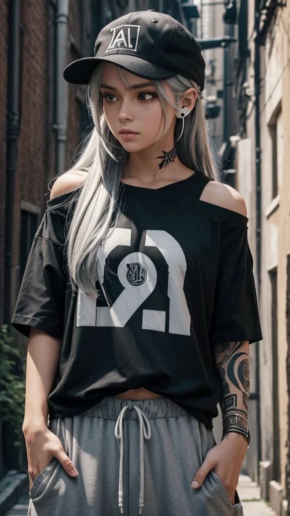 
“Create a high-resolution image of a character with long silver hair wearing a cap. The character’s hair is tied and falling down from the back of the cap. They are dressed in an off-shoulder black shirt with the word ‘ROCK’ in white letters on the chest. The character has tattoos on their arm and is wearing loose-fitting gray cargo pants. They are also wearing headphones. The background is a dimly lit alleyway.”

