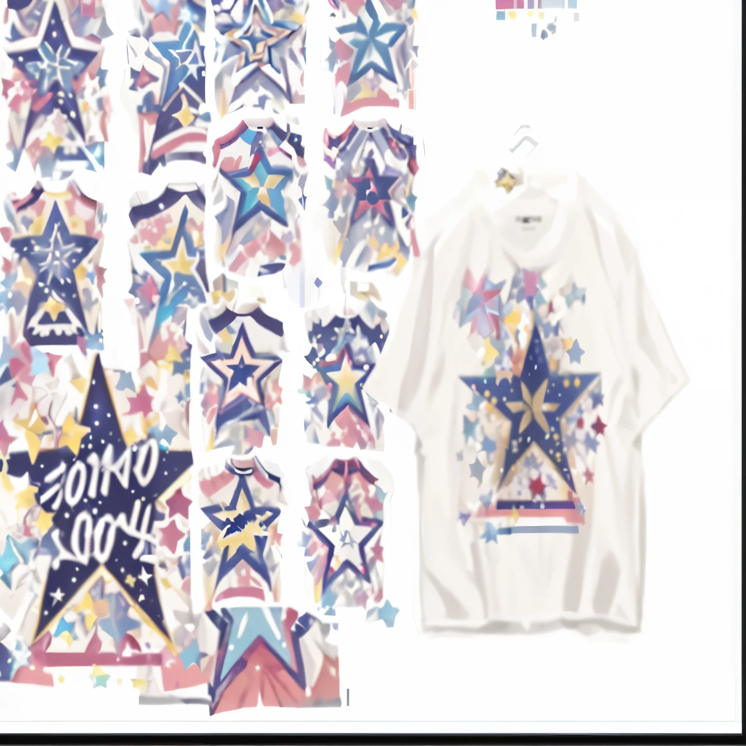 a close up of a shirt with a Star on it, 2020 fashion, Jpop clothing, Chrono Fortress style, 2 0 2 5 popStar comeback single, fiveStarstory style, Star(Sky) Starry_Sky, illuStartion, lucky Star, high resolution!!, Colorful T-shirt art, kpop Star, JOJO, 2 0 2 1