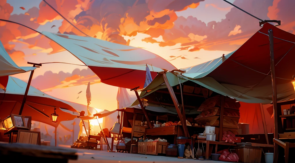 traditional market, (market tents), butchery, ((they sell human flesh, meats, bones, skulls on the wooden table)), wooden boxes, wooden basket, strings, sand ground, dawn sky, early morning, low angle, AnatomicTech,