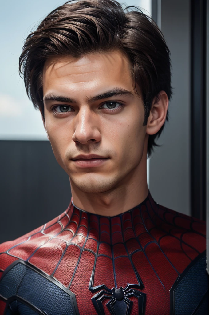 A photograph of spider man, no mask, 20 yo, handsome, detailed face, looking at camera, portrait, 8k uhd, high quality