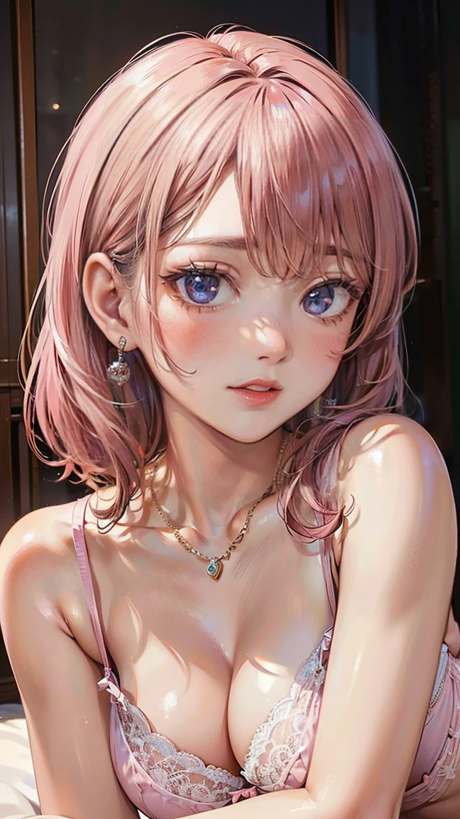(Masterpiece, BestQuality:1.3), (ultra detailed:1.2), (hyperrealistic:1.3), (RAW photo:1.2), High detail RAW color photo, professional photograph, (Photorealistic:1.4), (realistic:1.4), professional lighting, perfect , (:1.2), (blush, detailed face), (cheerful Smile:1.5), Trending Hair&Trending Hairカラーをランダムに, earrings, necklace, bracelet, sexly,  sexly, Random  gravure poses, (A beautiful pink-haired woman in lace 、She is smiling and posing sexily while lying on a bed in a luxury hotel.。:1.3)