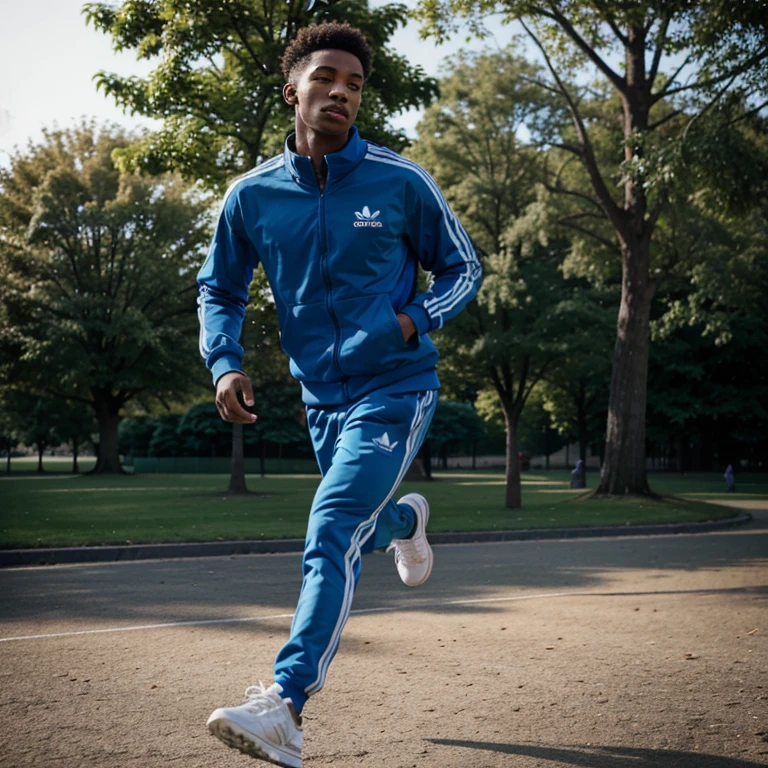 A young man runs through the park in a tracksuit in the morning "adidas"