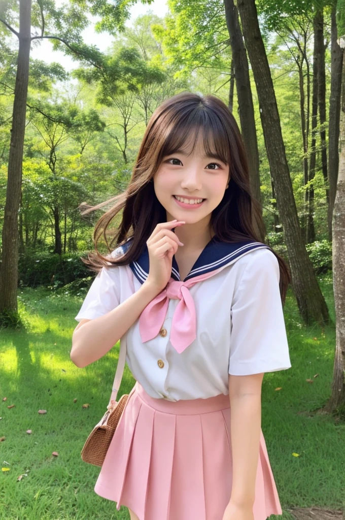 Image resolution 8K、masterpiece:1.3)、Beauty、1 female、(魅力的なbody:1.2)、abdomen:1.1、Dark Brown Hair:1.1、(body:1.2)、Ultra-detailed face、Attractive lips、double eyelid、Super realistic and detailed super cute in a white short sleeved zippered sailor suit and pink skirt、Japanese 、Japanese women、10th generation()、There is a forest in the background、Smiling with a nice smile、Hair fluttering in the wind、Take a photo with a nice pose、