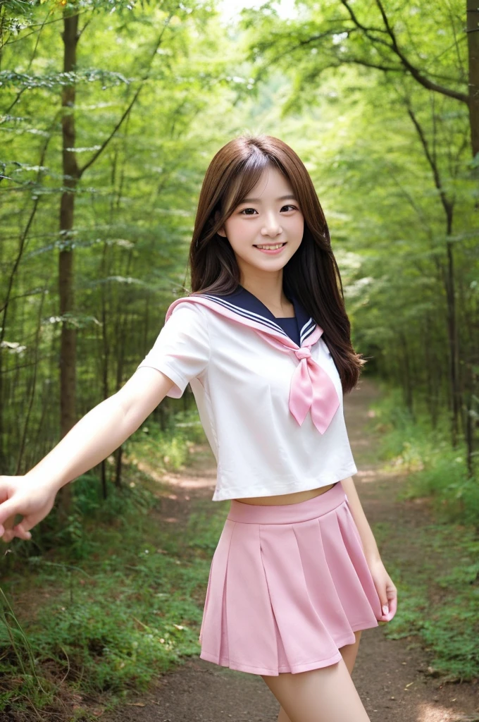 Image resolution 8K、masterpiece:1.3)、Beauty、1 female、(魅力的なbody:1.2)、abdomen:1.1、Dark Brown Hair:1.1、(body:1.2)、Ultra-detailed face、Attractive lips、double eyelid、Super realistic and detailed super cute in a white short sleeved zippered sailor suit and pink skirt、Japanese 、Japanese women、10th generation(17 years old)、There is a forest in the background、Smiling with a nice smile、Hair fluttering in the wind、Take a photo with a nice pose、