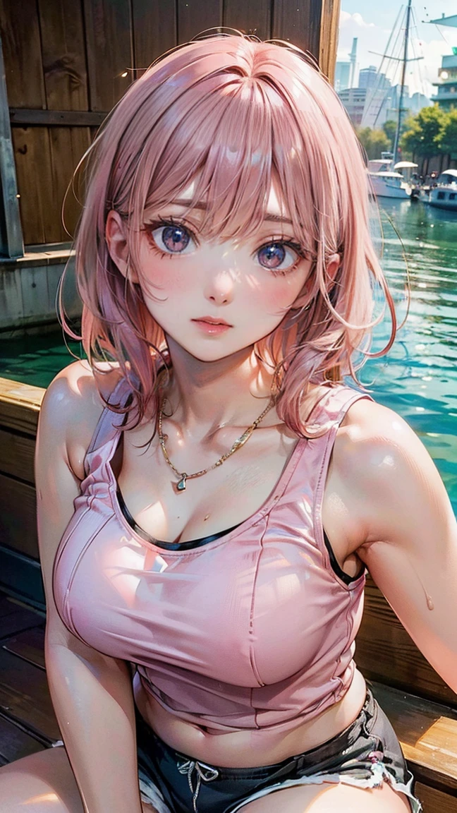 (Masterpiece, BestQuality:1.3), (ultra detailed:1.2), (hyperrealistic:1.3), (RAW photo:1.2), High detail RAW color photo, professional photograph, (Photorealistic:1.4), (realistic:1.4), professional lighting, perfect anatomy, (Big Breasts:1.2), (blush, detailed face), (cheerful Smile:1.5), Trending Hair&Trending Hairカラーをランダムに, earrings, necklace, bracelet, sexly, erotic sexly, Random sexy gravure poses, (A beautiful pink-haired woman wearing a tank top and shorts、Smiling and posing sexily while relaxing at a boat party。:1.3)