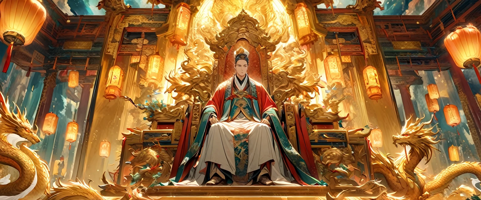 Jade Emperor seated on a magnificent golden throne in the heavenly realm. he looks down with kind, knowing eyes. A humble young farmer in simple clothing stands respectfully before him . Surround them with floating lanterns, mythical creatures like dragons and phoenixes, and vibrant celestial flora under a soft, golden light, symbolizing the sacred nature of the encounter.

