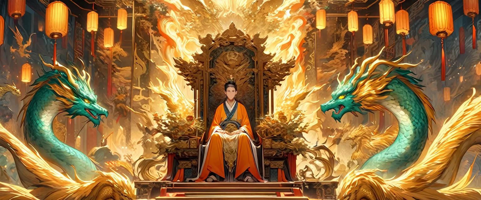 Jade Emperor seated on a magnificent golden throne in the heavenly realm. he looks down with kind, knowing eyes. A humble young farmer in simple clothing stands respectfully before him . Surround them with floating lanterns, mythical creatures like dragons and phoenixes, and vibrant celestial flora under a soft, golden light, symbolizing the sacred nature of the encounter.