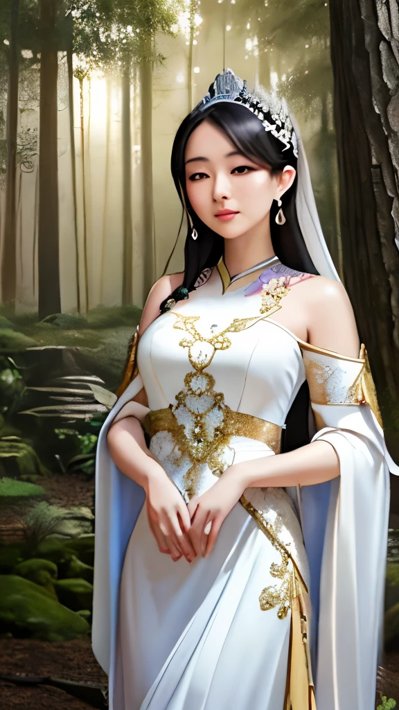 A regal Asian queen with refined and noble features, wearing an elegant white dress with delicate details. She has long, dark hair adorned with an ornate headpiece. By her side, a large, majestic white snake coils around her protectively, its scales shining softly. The background is a mystical, dimly lit forest with a serene atmosphere, where light filters gently through the trees, casting a tranquil glow.