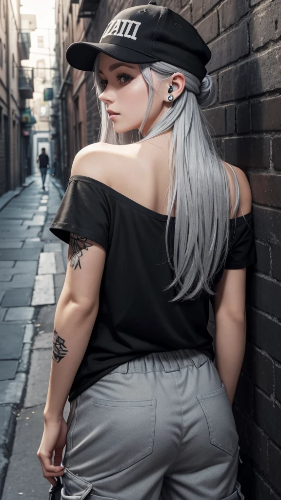 
“Create a high-resolution image of a character with long silver hair wearing a cap. The character’s hair is tied and falling down from the back of the cap. They are dressed in an off-shoulder black shirt with the word ‘ROCK’ in white letters on the chest. The character has tattoos on their arm and is wearing loose-fitting gray cargo pants. They are also wearing headphones. The background is a dimly lit alleyway.”

