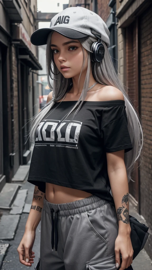 
“Create a high-resolution image of a character with long silver hair wearing a cap. The character’s hair is tied and falling down from the back of the cap. They are dressed in an off-shoulder black shirt with the word ‘ROCK’ in white letters on the chest. The character has tattoos on their arm and is wearing loose-fitting gray cargo pants. They are also wearing headphones. The background is a dimly lit alleyway.”

