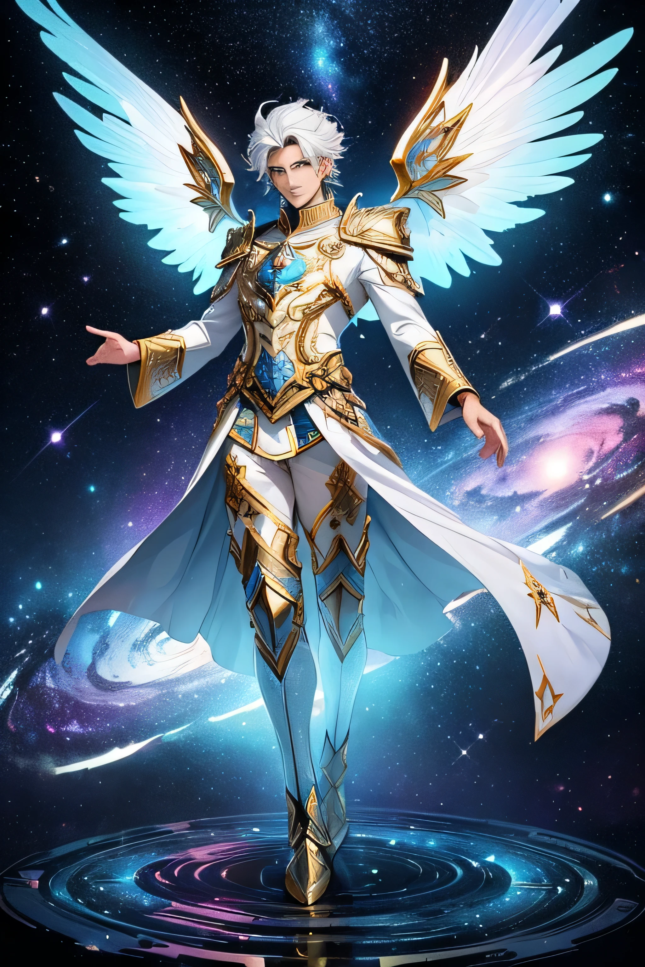 Create an image of a man with a majestic and divine appearance in a deep space setting. He must have an aura of celestial fantasy, symbolizing a god. Man must have large luminous wings, radiating golden or silver light, that contrast with the vastness of the cosmos around them. Ao fundo, there must be a dazzling star field, with colorful nebulae and distant galaxies, highlighting the grandeur of the universe. The figure of the man must emanate power and serenity, with a divine glow that softly illuminates the surrounding space