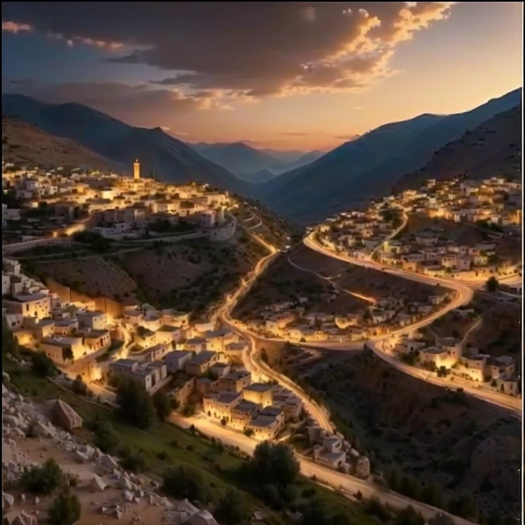 a view of a town in the middle of a mountain with a road going through it, by Abdullah Gërguri, realistic photo of a town, gorgeous, kurdistan, beautiful, by Yehia Dessouki, ( visually stunning, beautiful small town, wow it is beautiful, breath taking, beautiful!!!, incredibly beautiful, beautiful lit, wondrous