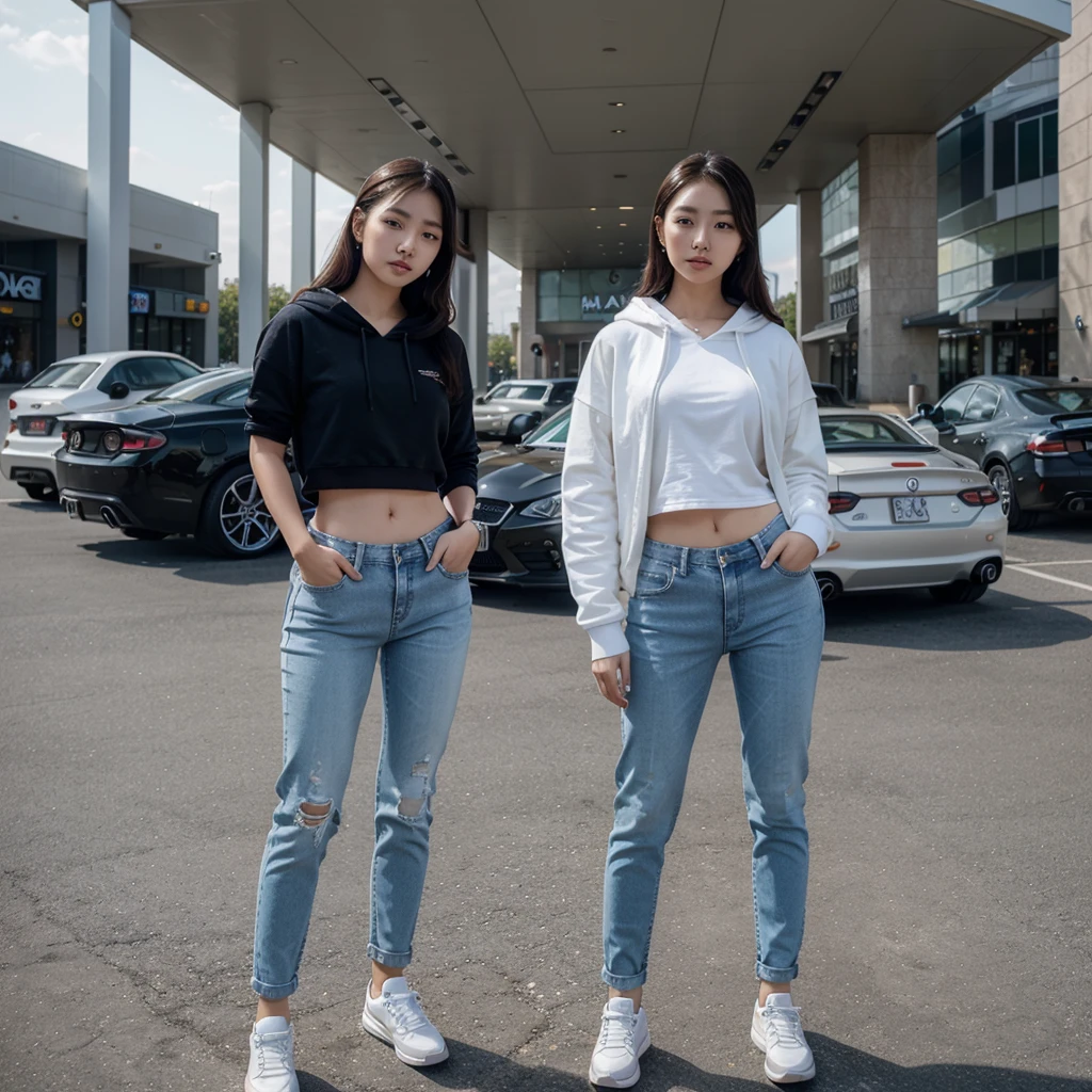 A beautiful young Korean woman,written white hoodie "F",jeans trousers shoes Cyber blue earphones,standing in front of a sports car and a woman posing elegantly,background of mall parking and lots of modified cars. HD image quality 