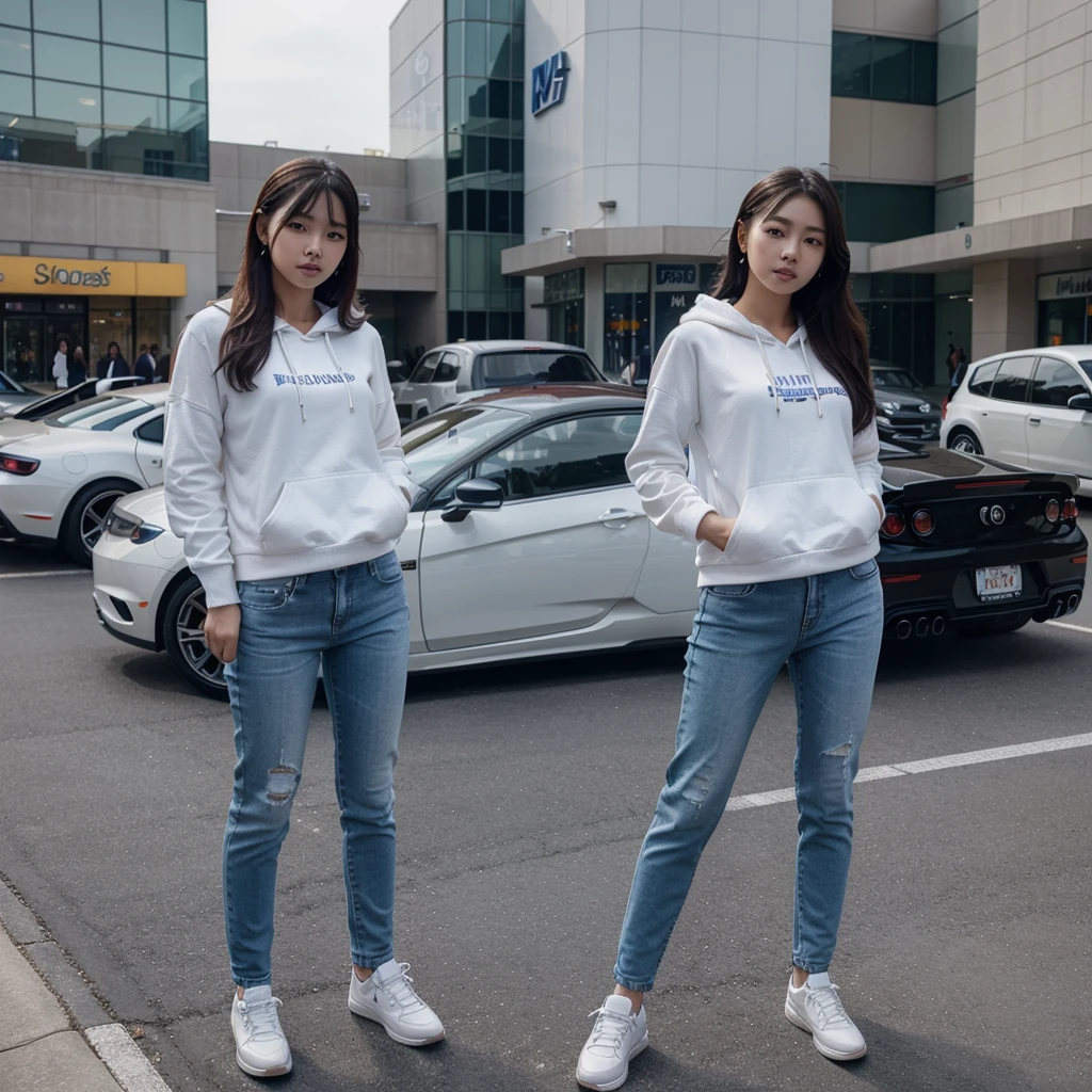 A beautiful young Korean woman,written white hoodie "F",jeans trousers shoes Cyber blue earphones,standing in front of a sports car and a woman posing elegantly,background of mall parking and lots of modified cars. HD image quality 