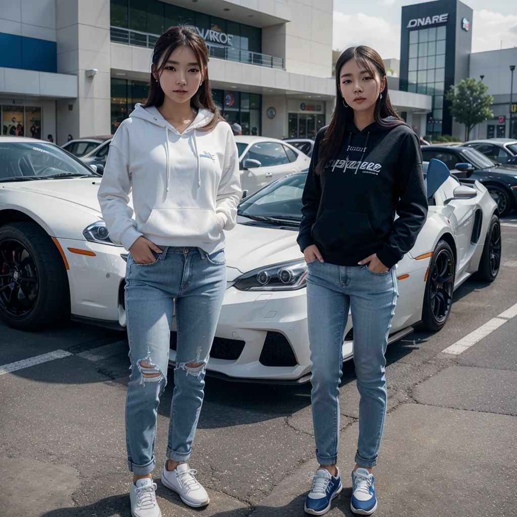 A beautiful young Korean woman,written white hoodie "F",jeans trousers shoes Cyber blue earphones,standing in front of a sports car and a woman posing elegantly,background of mall parking and lots of modified cars. HD image quality