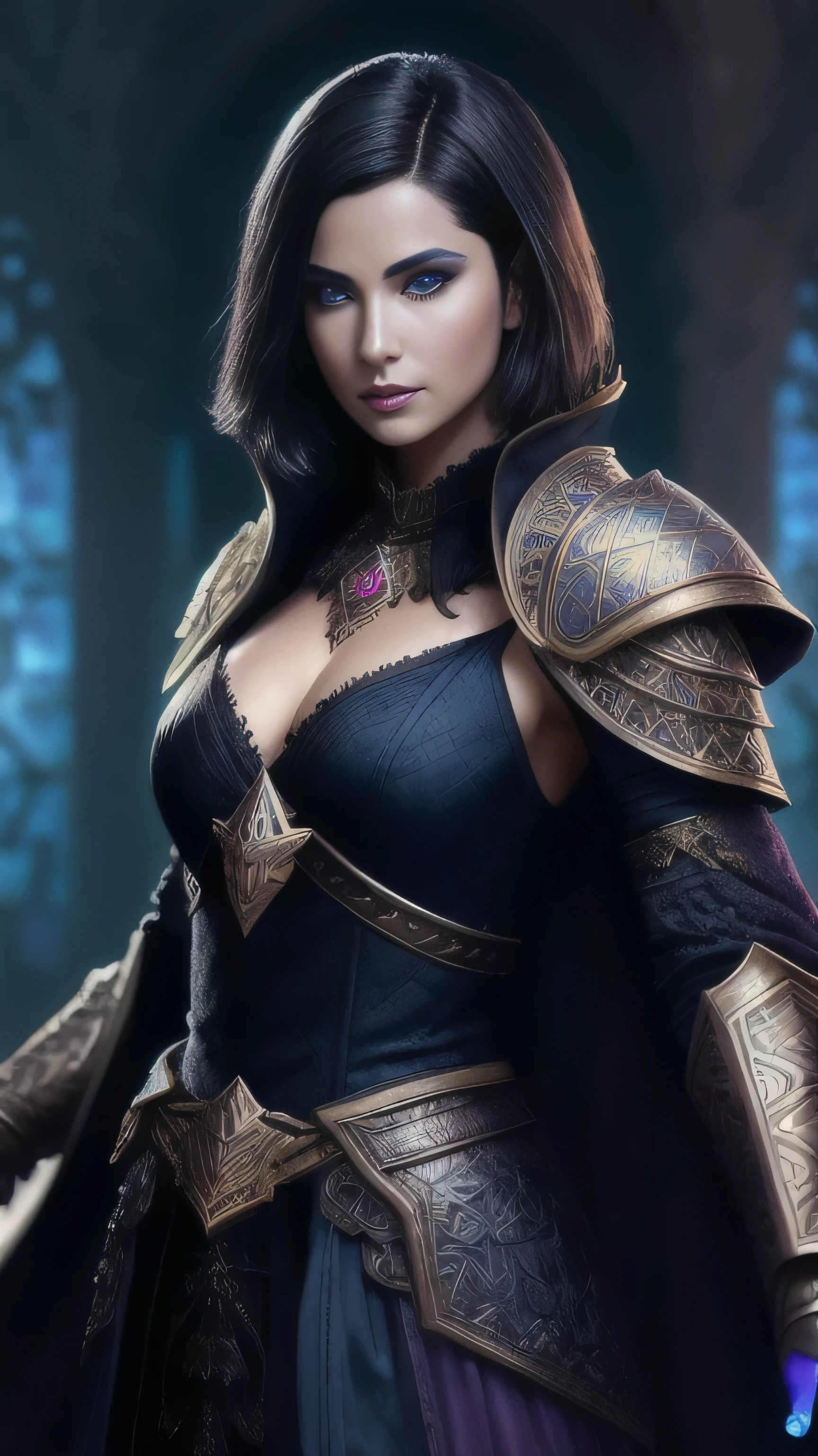 analog style, ((intricate details)), dark lighting, beautiful, (ardent mage), (black short bob hair), (intricate), ((jagged dark robe armor)), (intricate jagged pyramid helmet), (ruby amulet), staff, stick, dynamic pose, perfect face, (realistic eyes), round iris, (((blue eyes))), ((purple lips)), perfect eyes, intricate, complex, Helios 44-2, swirly bokeh, trending on artstation, sharp focus, studio photo, intricate details, highly detailed, sharp, dnd character portrait, (oil on canvas), perfect lighting, Masterpiece, detailed background, portrait by artgerm and greg rutkowski, cinematic lighting, 8k