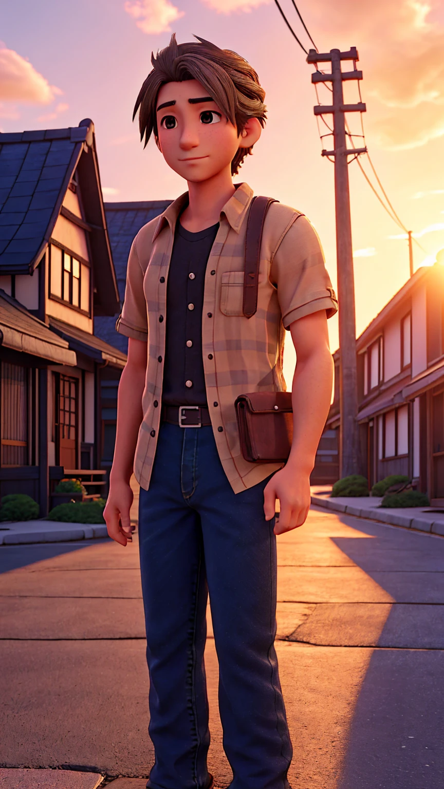 Create a Japanese anime-style scene in a quiet street of the small, sunny town as the day transitions into evening. The sky has a soft, warm hue from the setting sun. A man in his mid-20s with graying hair, a kind face, and medium build, wearing jeans and a flannel shirt handling wallet with amount of money