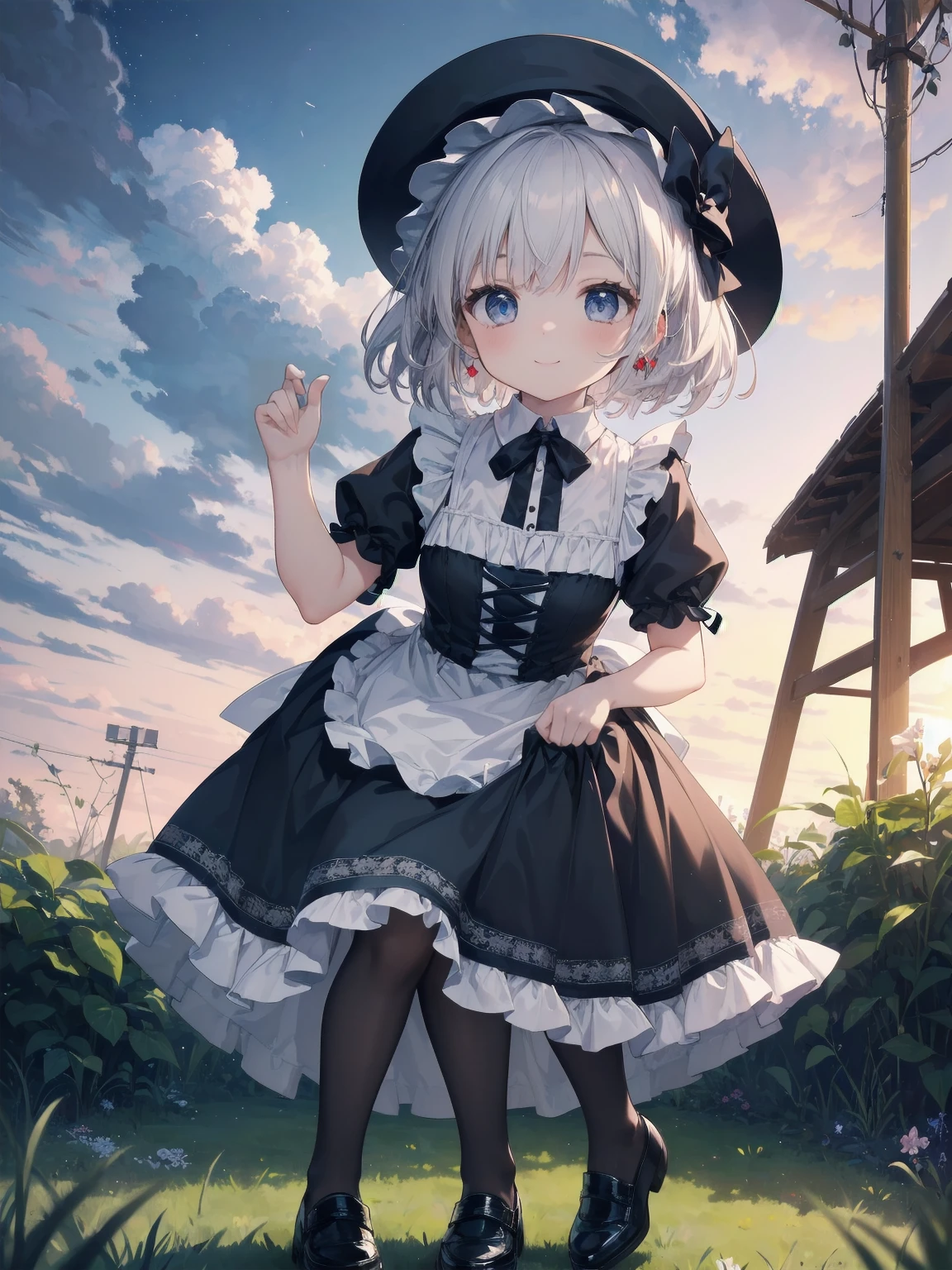 ((Very fine, Very fine CG Unity 8k Wallpaper, High Resolution, Absurd, Beautiful fine details, Very fine hair)), ((Masterpiece)), Outdoors, Sky, Clouds, Grass, ((Beautiful fine details)), Fashionable, One Girl, A  smiling under the stars, a toddler wearing a maid hat with ruby accessories, she is wearing a white and black gothic maid dress with navy blue ribbon. Black stockings, black shoes, cute, super cute toddler maid