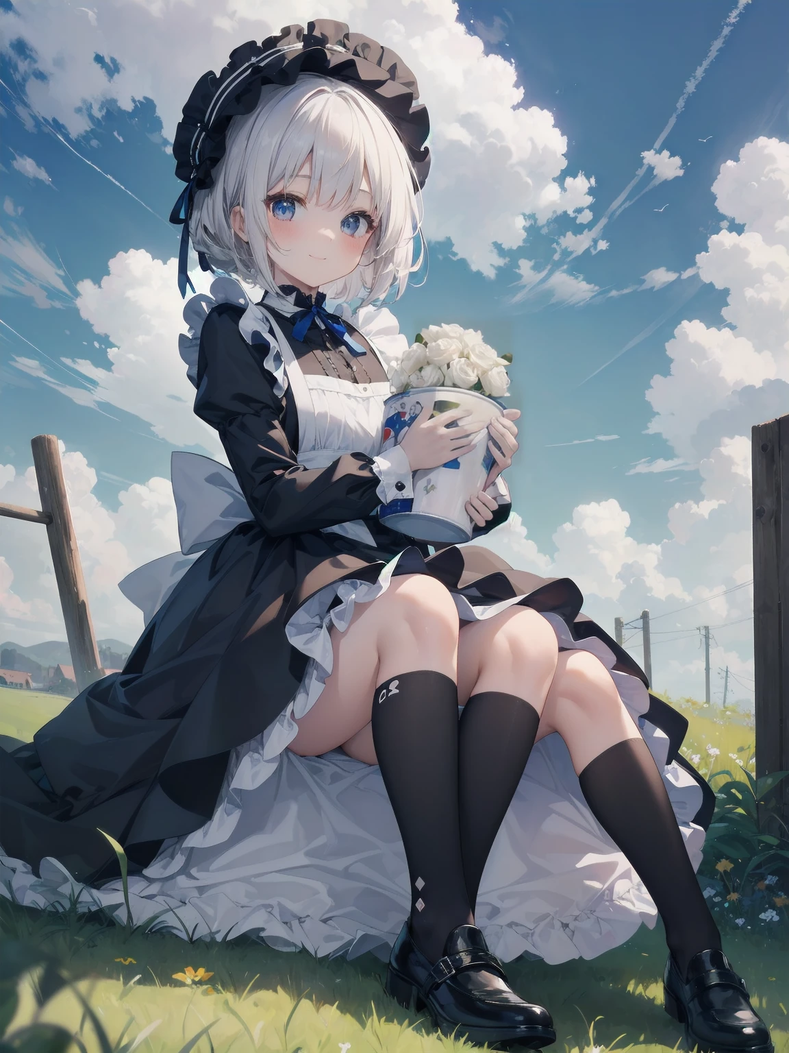 ((Very fine, Very fine CG Unity 8k Wallpaper, High Resolution, Absurd, Beautiful fine details, Very fine hair)), ((Masterpiece)), Outdoors, Sky, Clouds, Grass, ((Beautiful fine details)), Fashionable, One Girl, A  smiling under the stars, a toddler wearing a maid hat with ruby accessories, she is wearing a white and black gothic maid dress with navy blue ribbon. Black stockings, black shoes, cute, super cute toddler maid