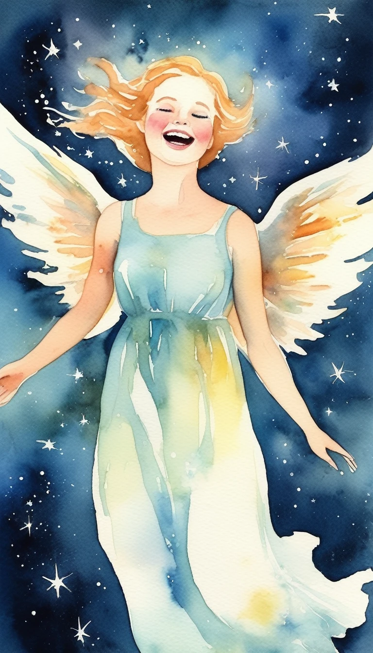 Watercolor,（Upper Body）Angel  laughing, Magical fairy tale,, Deep space sky, style 