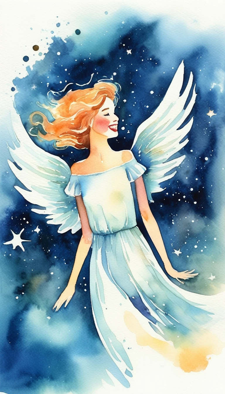 Watercolor,（Upper Body）Angel  laughing, Magical fairy tale,, Deep space sky, style 