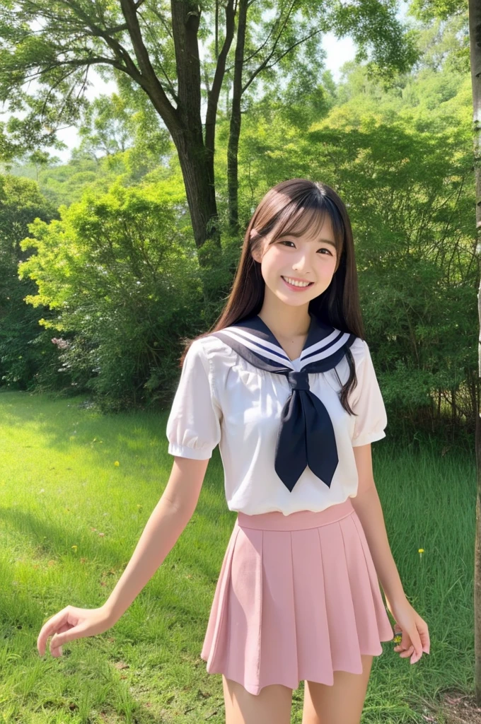 Image resolution 8K、masterpiece:1.3)、Beauty、1 female、(魅力的なbody:1.2)、abdomen:1.1、Dark Brown Hair:1.1、(body:1.2)、Ultra-detailed face、Attractive lips、double eyelid、Super realistic and detailed super cute in a white short sleeved zippered sailor suit and pink skirt、Japanese 、Japanese women、10th generation(17 years old)、There is a forest in the background、Smiling with a nice smile、Hair fluttering in the wind、Take a photo with a nice pose、