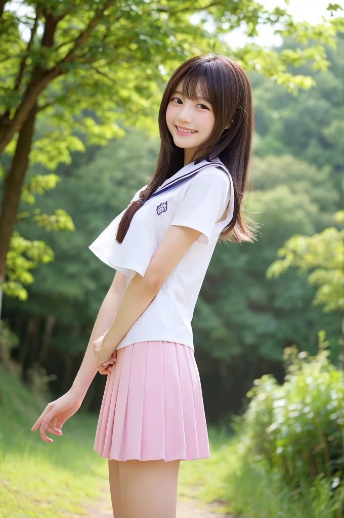 (​masterpiece,top-quality, super high definition), Japanese woman ,  very beautiful girl , Innocent Girl、(Perfect body、 perfect anatomy),((Beaver)). cute japanese high school sailor suit、short sleeve sailor suit 、  navy blue skirt 、pure white、Beautiful Skin、Watery eyes、Sparkling brown hair、Colors and Landscapes of Youth、Omen of love 、Colossal 、 Embarrassed Smile 、Going to school、morning,