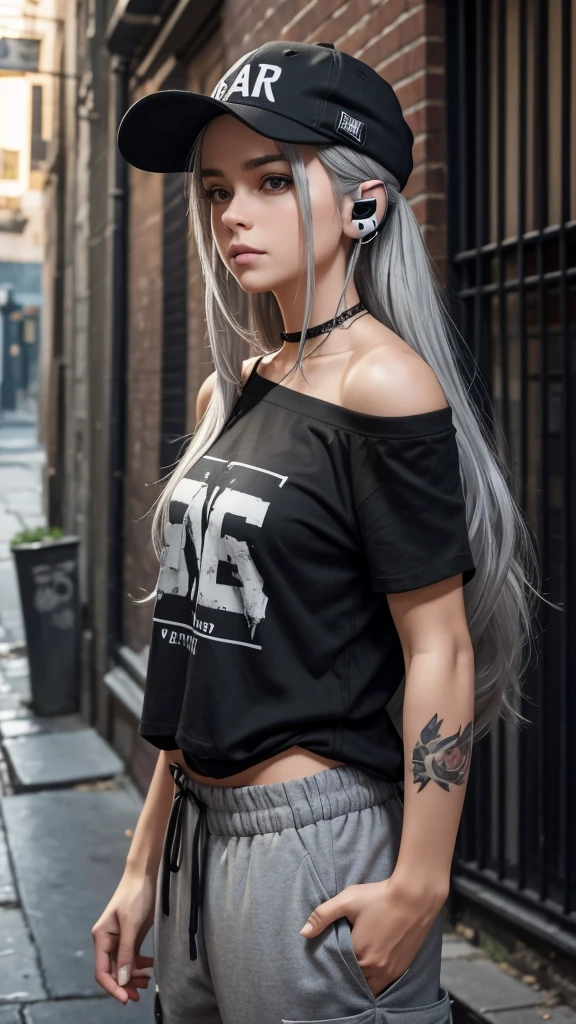 
“Create a high-resolution image of a character with long silver hair wearing a cap. The character’s hair is tied and falling down from the back of the cap. They are dressed in an off-shoulder black shirt with the word ‘ROCK’ in white letters on the chest. The character has tattoos on their arm and is wearing loose-fitting gray cargo pants. They are also wearing headphones. The background is a dimly lit alleyway.”

