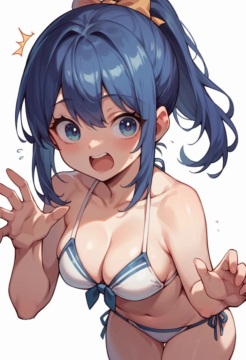 cute girl in ponytail wearing cute bikini looking at you surprised, white background