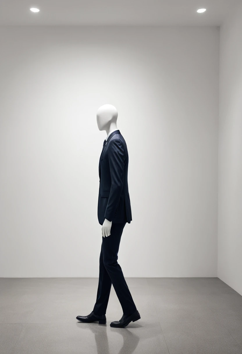 A faceless mannequin walking like a model,Faceless mannequin wearing a suit