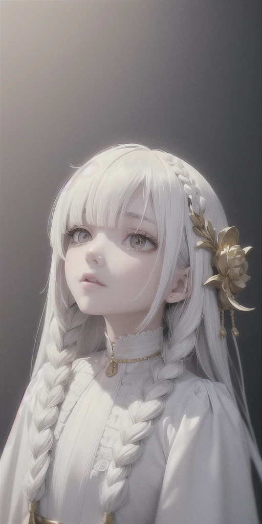 best quality, masterpiece,white hair, gold eyes,white clothes, looking up, upper body,hair strand,Fair skin,side braids