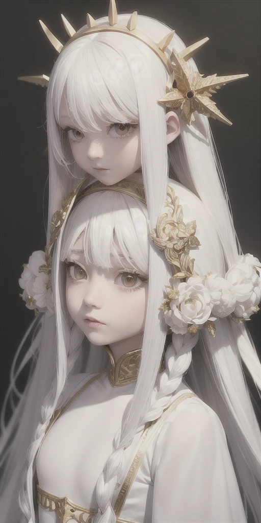 best quality, masterpiece,white hair, gold eyes,white clothes, looking up, upper body,hair strand,Fair skin,side braids