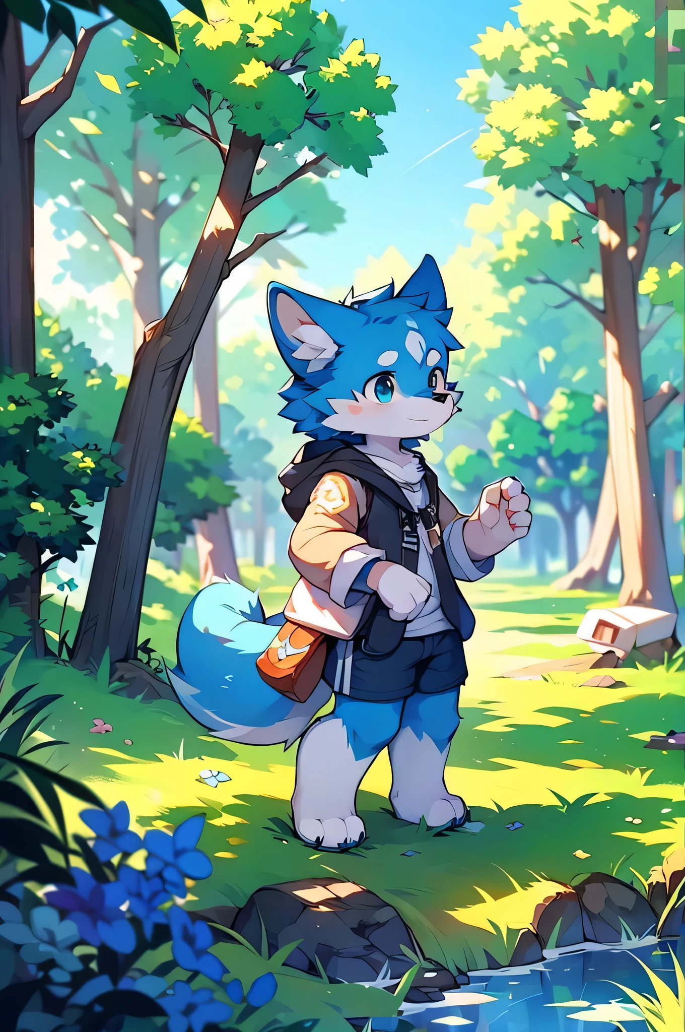 Blue color fur，Canidae，fox motif，Rural landscape，Stand on your feet，