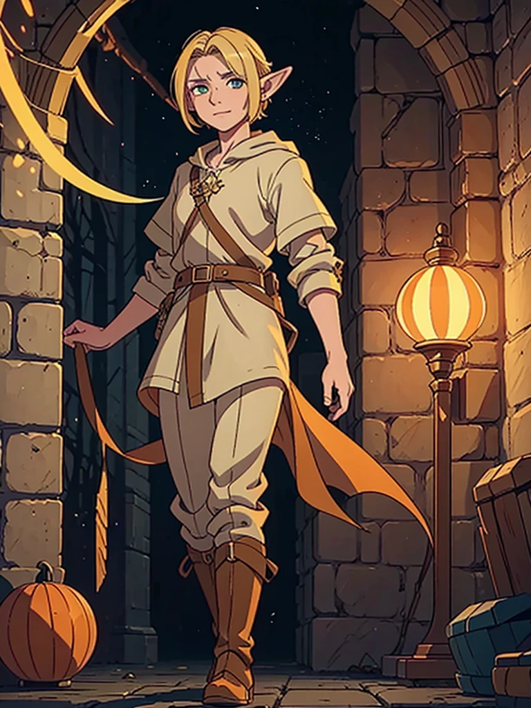 Androgynous elf, blonde, short hair, orange eyes, smirk, sorcerer, aventurer clothes, full body, Dungeon Meshi artstyle. Laios Touden.