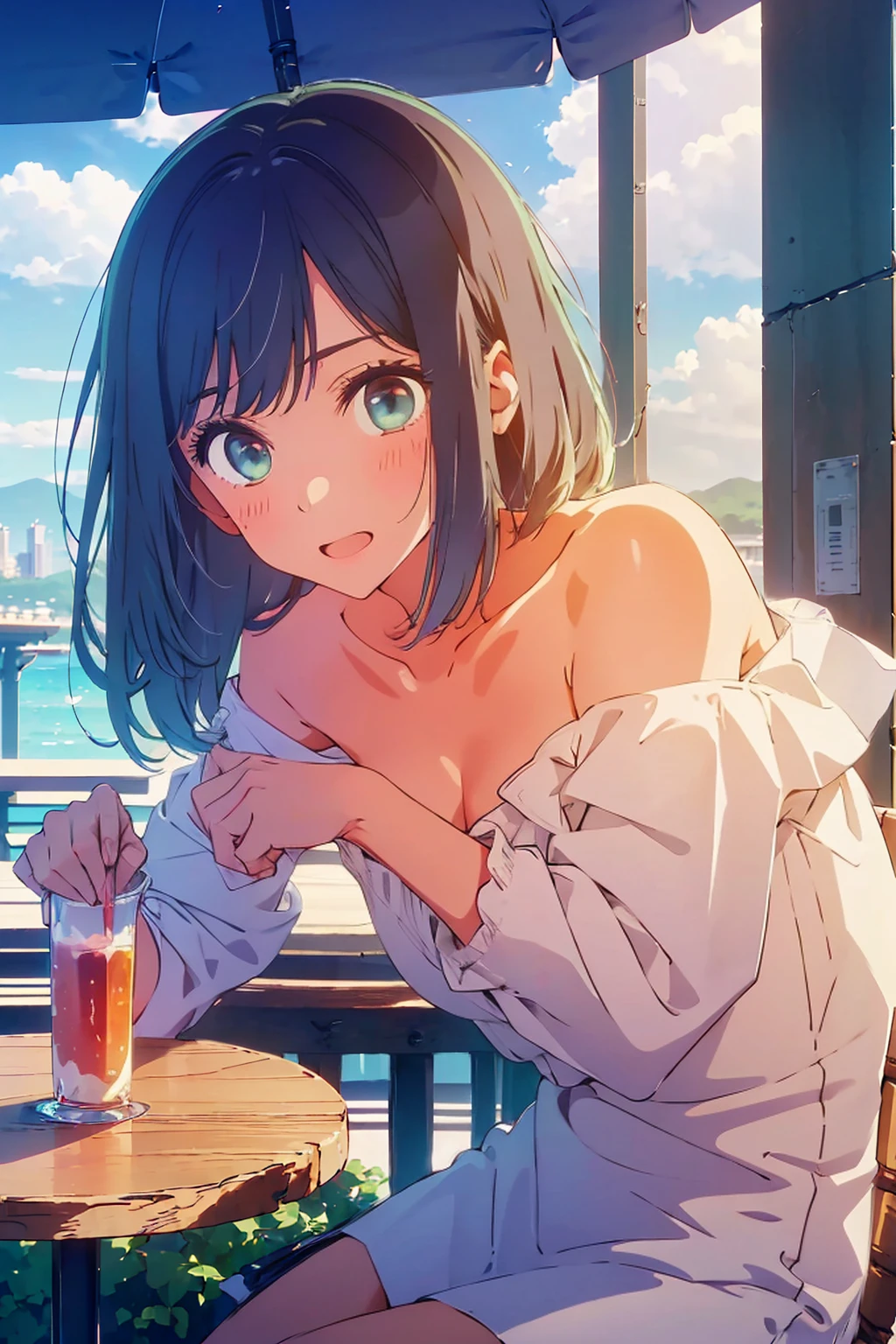 (Highest quality:1.4、8K:1.4、detailed)、F cup bust、Big Breasts、Slim body、Very white beautiful skin、((((1 person、Surprised expression、sit、Chair、In the background are the urban buildings of Tokyo、looking at the camera、Outdoor café terrace、coastal、Navy hair color、juice、Shooting up close、table、Very cute face))))、(Pose of putting hair behind ears with hands:1.4)、((((Off the shoulder、nude))))、Areola、Very blue sky、A completely cloudless sky