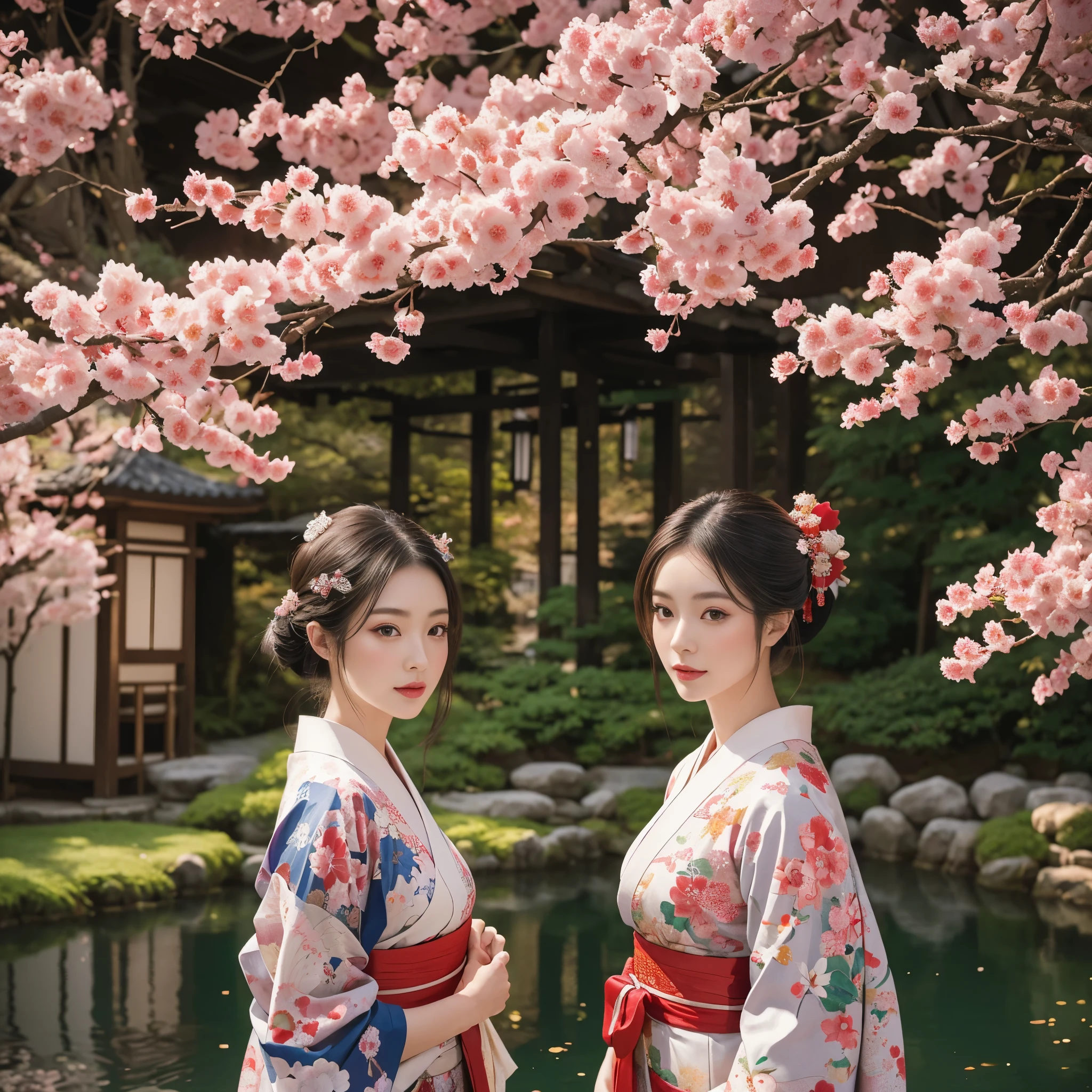 In a traditional scene, Japanese Geisha、The elegance of elaborate gardens. She has beautiful eyes and lips that complement her face. Geisha wear traditional kimonos with gorgeous patterns and designs.. Around her are bright Cherry tree and a quiet carp pond. This scene is depicted in photorealism, Vibrant colors. The lighting accentuates the geisha's elegant features, Gives porcelain skin a soft glow. The artwork is of the highest quality, 4K or 8K resolution, Showcasing the intricate details of geisha costumes, Cherry tree, And the glittering scales of the carp. The overall color scheme is、A combination of traditional Japanese colors, crimson, wait., Black, Subtle gold accents, The ancient tradition、Create compelling and visually striking masterpieces.
