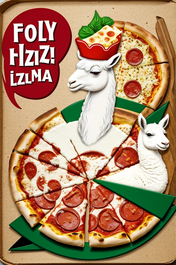 Logo of pizzeria called pizzaland with a waving llama