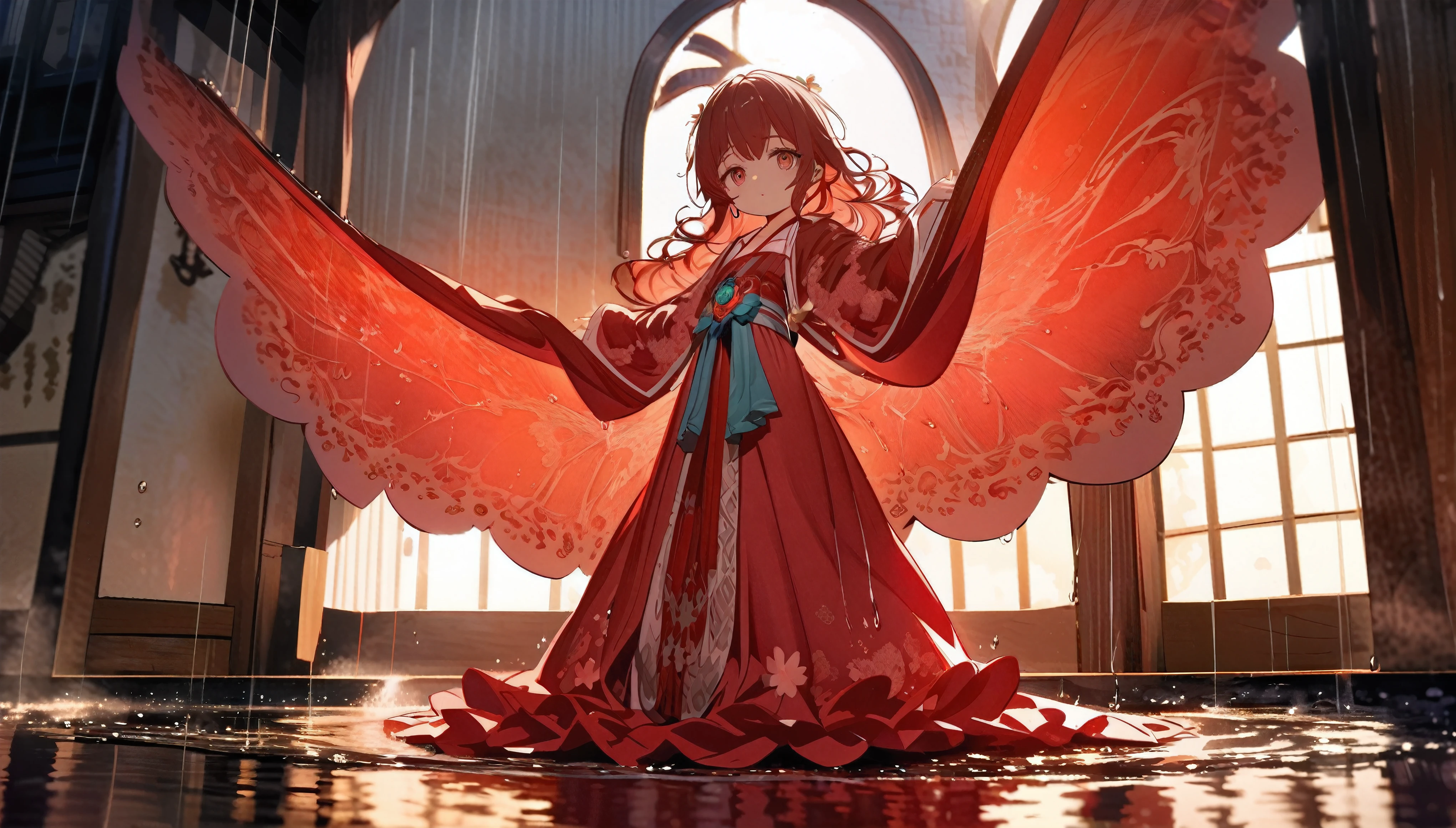 (full body), (solo), (A 7-year-old girl:1.2), (very young little girl), loli, (Solo), (small breast), (wide angle), raw photo, Aesthetic, Convoluted, Awarded, chiaroscuro, Best Quality, Detailed background, (Misty atmosphere:1.2), (hard rainy day:1.1),((Girl in red very long hanfu:1.2)), large red silk hanfu, long red hanfu with a silk texture, best wrinkles, real wrinkles, best shadows, (wet, wet body, wet hair, wet skin, very wet red hanfu, reflection on the wet hanfu, delicate cherry blossom embroidery, subtle water droplets:1.15), (water spray:1.1), The downpour cascades from the heavens, each droplet a crystal bead against the backdrop of the dusky sky. The little girl, a vision in scarlet, twirls gracefully, her red long dress adorned with intricate golden patterns that shimmer in the rain's soft light. The fabric, once crisp and structured, now clings to her form, revealing the contours of her youthful silhouette. Her hair, once neatly styled, now falls in damp strands around her face, framing her features with a natural, wild beauty. The rain has washed away any semblance of artifice, leaving only the pure essence of her spirit exposed. Barefoot, her feet press into the cool, damp earth, each step a connection to the sacred ground beneath her. As she dances, her movements are fluid and free, a dance not of choreographed steps but of spontaneous expression. Her arms extend, hands gracefully tracing the air, as if drawing the raindrops into her orbit. The rain-soaked dress flows with her, the hem fluttering like wings as she spins, creating a halo of water around her. The scene is one of serene tranquility, yet there is an undercurrent of sacred power. The rain, the earth, the girl, all are part of an ancient ritual, a dance of life and renewal. The air is filled with the scent of wet earth and the faintest hint of something more—a hint of incense, perhaps, or the memory of prayers whispered long ago. This is a moment frozen in time, a snapshot of innocen