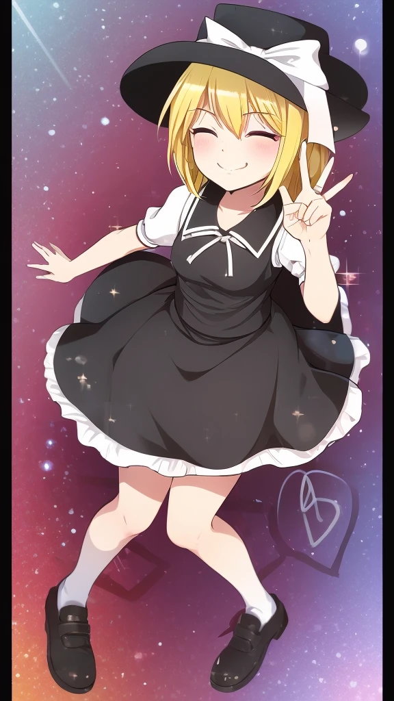 1girl, , , masterpiece, best quality, 10 years old, medium blonde hair, forehead visible bags, yellow eyes, hat, heart, black headwear, puffy short sleeves, log black skirt, heart hads,,1girl, solo, yellow eyes, yellow hair, bow, hat bow, socks, black footwear, black skirt, short sleeves, yuki (touhou), black vest, white sleeves, frill skirt, light smile, from behind, to lift up one’s skirt, cowboy shot, from front, standing , raise one leg, crossed arms, arms up behind, arms behind back, hand between legs, put hands hip, one hand on hip, forward hands, arms raised in the air, punch hands, peace sign, waving, put up index finger, sit, lie down, closed eyes, lie face down, looking back, put one hand chest, leaning forward, cleavage, close up, horizontally outstretched arms, horizontally outstretched legs, front view, front face