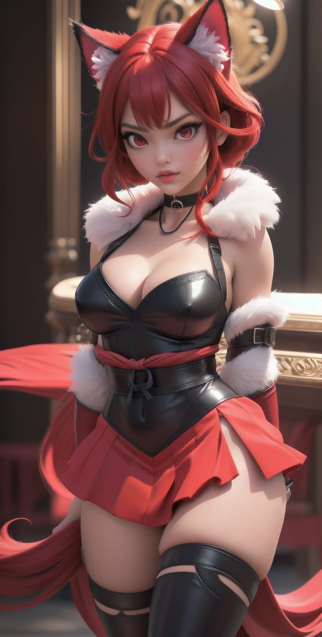 elegant red ninja girl, long red hair with cat ears, beautiful detailed eyes, beautiful detailed lips, extremely detailed face and skin, longeyelashes, choker, heart ornament, sfw, covered medium breasts, wearing shiny red ninja outfit with white fur, carrying sword, fighting pose, (best quality,4k,8k,highres,masterpiece:1.2),ultra-detailed,(realistic,photorealistic,photo-realistic:1.37),HDR,UHD,studio lighting,ultra-fine painting,sharp focus,physically-based rendering,extreme detail description,professional,vivid colors,bokeh,((red right eyes))