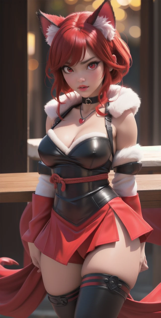 elegant red ninja girl, long red hair with cat ears, beautiful detailed eyes, beautiful detailed lips, extremely detailed face and skin, longeyelashes, choker, heart ornament, sfw, covered medium breasts, wearing shiny red ninja outfit with white fur, carrying sword, fighting pose, (best quality,4k,8k,highres,masterpiece:1.2),ultra-detailed,(realistic,photorealistic,photo-realistic:1.37),HDR,UHD,studio lighting,ultra-fine painting,sharp focus,physically-based rendering,extreme detail description,professional,vivid colors,bokeh,((red right eyes))