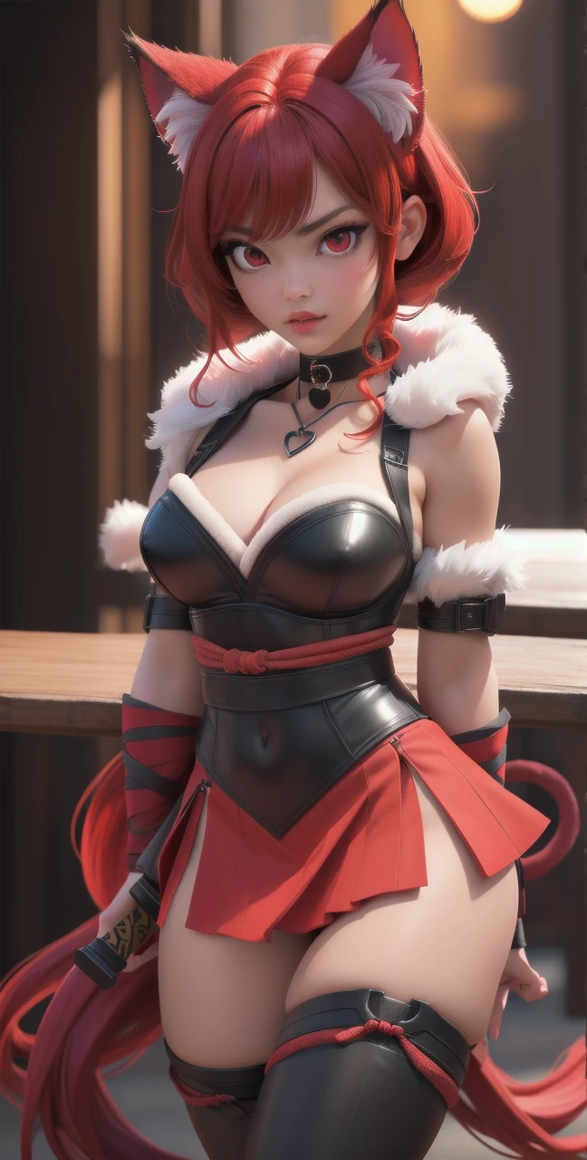 elegant red ninja girl, long red hair with cat ears, beautiful detailed eyes, beautiful detailed lips, extremely detailed face and skin, longeyelashes, choker, heart ornament, sfw, covered medium breasts, wearing shiny red ninja outfit with white fur, carrying sword, fighting pose, (best quality,4k,8k,highres,masterpiece:1.2),ultra-detailed,(realistic,photorealistic,photo-realistic:1.37),HDR,UHD,studio lighting,ultra-fine painting,sharp focus,physically-based rendering,extreme detail description,professional,vivid colors,bokeh,((red right eyes))