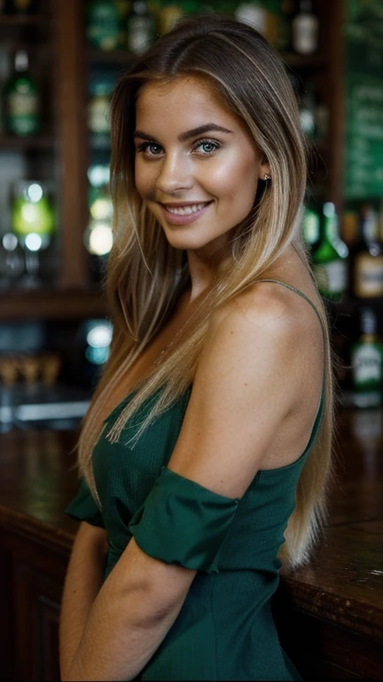 (a woman from Argentina, wearing a beautiful green dress, celebrating St. Patrick's Day inside a bar, with a beautiful and defined face, brunette, blonde hair, 28 years old, looking at the camera, smile)