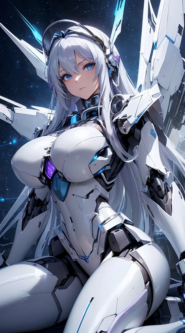 (Sit with one knee on the machine:1.6)、(Full body description:1.3)、((Shining lenses on both breasts:1.3))、((Blue pillars of light are emanating from both chests.:1.3))、smile、((8K)), ((32k)), ((Highest quality)), ((masterpiece)), ((超A high resolution)), ((Tmasterpiece)), ((Halation:1.4))、((Mechaニカルheadgear:1.2))、((Cyber headphones:1.3))、Fine skin, High quality fabric, Fine metal texture、((Beautiful and dense face))、RAW Photos、Professional, Ultra-fine painting, ((alone)), Beautiful breasts、Highest quality, Very detailed, Very detailed詳細, Finer details, so beautiful, ((Princess Knight Robot:1.2)), (Joints of machines, Mechanical Limbs:1.3), (The internal structure of the machine is exposed:1.3), (Long silver hair:1.1), (Beautiful and huge mechanical breasts)、White Veil, cowboy_shot, Side Focus, headgear, Shiny、(Five Fingers, Four fingers and thumb),Concept Art, Anime fantasy artwork, Detailed fantasy art, (with pale blue-violet hair and large white wings,,,,,,,), (((Long silver hair))), (Mecha:1.6)、Sleek and intimidating design, ((Commander-in-Chief'arm)), (Perfect robot body)、純白と青紫armまたは, Symmetrical wings, 8K high quality, detailed art, 3D rendering of character art in 8K, neat legs, Defined, Defined fingers,