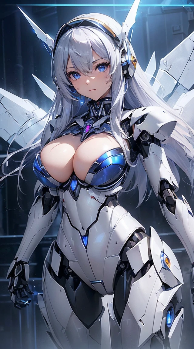 ((Intense action pose:1.6))、((Shining lenses on both breasts:1.3))、((Blue pillars of light are emanating from both chests.:1.3))、smile、((8K)), ((32k)), ((Highest quality)), ((masterpiece)), ((超A high resolution)), ((Tmasterpiece)), ((Halation:1.4))、((Mechaニカルheadgear:1.2))、((Cyber headphones:1.3))、Fine skin, High quality fabric, Fine metal texture、((Beautiful and dense face))、RAW Photos、Professional, Ultra-fine painting, ((alone)), Beautiful breasts、Highest quality, Very detailed, Very detailed詳細, Finer details, so beautiful, ((Princess Knight Robot:1.2)),  (Joints of machines, Mechanical Limbs:1.3), (The internal structure of the machine is :1.3), (Long silver hair:1.1), (Beautiful and huge mechanical breasts)、White Veil, cowboy_shot, Side Focus, headgear, Shiny、(Five Fingers, Four fingers and thumb),Concept Art, Anime fantasy artwork, Detailed fantasy art, (with pale blue-violet hair and large white wings,,,,,,,), (((Long silver hair))), (Mecha:1.6)、Sleek and intimidating design, ((Commander-in-Chief'arm)), (Perfect robot body)、純白と青紫armまたは, Symmetrical wings, 8K high quality, detailed art, 3D rendering of character art in 8K, neat legs, Defined, Defined fingers,