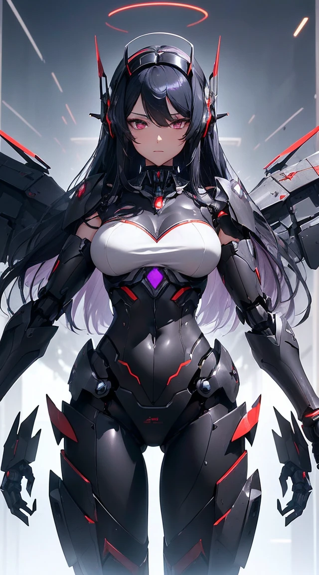 ((Shining lenses on both breasts:1.3))、((Pillars of red light radiate from both chests..:1.3))、((Attack pose:1.6))、((He has a red sword and a long rifle:1.6))、((Battle Scenes:1.8))、((8K)), ((32k)), ((Highest quality)), ((masterpiece)), ((超A high resolution)), ((Tmasterpiece)), ((Halation:1.4))、((Mechaニカルheadgear:1.2))、((Cyber headphones:1.3))Fine skin, High quality fabric, High-quality metal texture、((Beautiful and dense face))、RAW Photos、Professional, Ultra-fine painting, ((alone)), Beautiful breasts、Highest quality, Very detailed, Very detailed詳細, Finer details, so beautiful, ((Black Knight Robot:1.2)), (Joint of the machine, Mechanical Limbs:1.3), (The internal structure of the machine is exposed:1.3), (Long black hair:1.1), (Beautiful and huge mechanical breasts)、White Veil, cowboy_shot, Side Focus, headgear, Shiny、(Five Fingers, Four fingers and thumb),Concept Art, Anime fantasy artwork, Detailed fantasy art, (Has light blue-purple hair and black wings,,,,,,), (((Long black hair))), (Mecha:1.6)、Sleek and intimidating design, (Jet black perfect robot body)、Jet black and reddish purple arms, Symmetrical wings, 8K High Resolution, Detailed Art, 3D rendering of character art in 8K, neat legs, Defined, Defined fingers,((headshot:1.6))